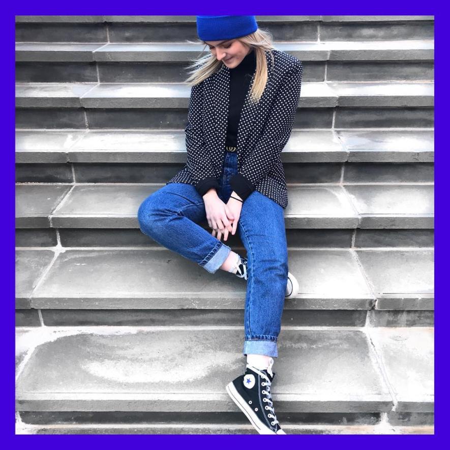 Polka dot blazer and bright blue beanie