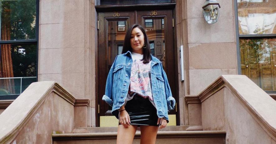 vinyl skirt and oversized graphic tee look