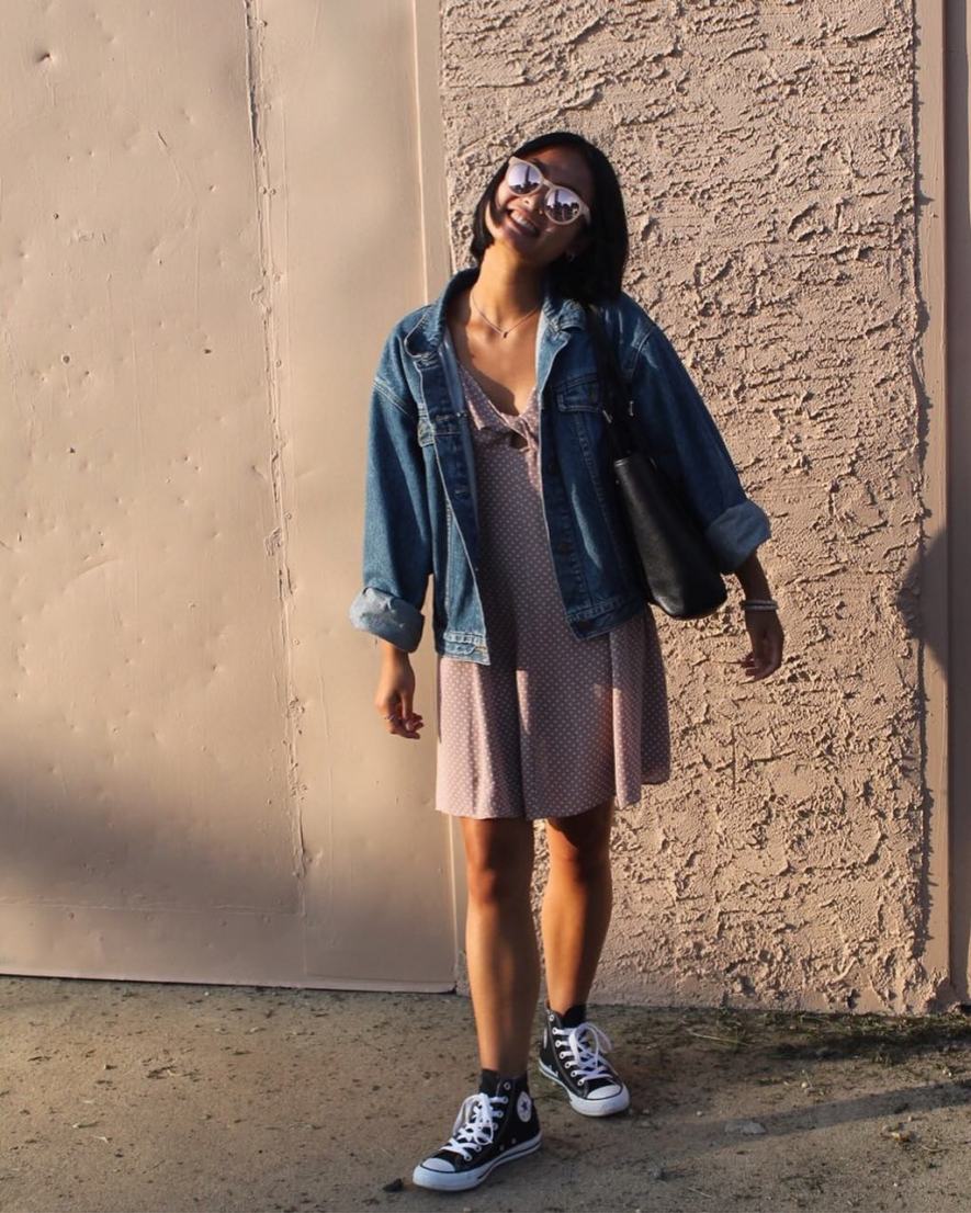 dress and denim jacket look 